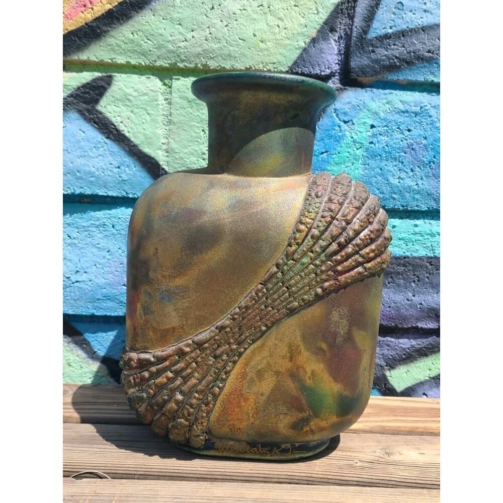 William K. Turner Raku Art Pottery Iridescent Textured Large Vase 13½" Signed